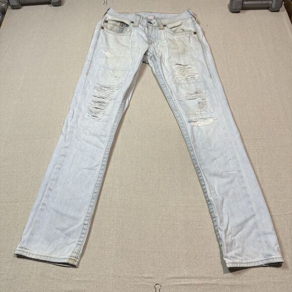True Religion Jeans Men 28x31 Light Blue Straight Faded Flap Pockets Distressed - Picture 2 of 7
